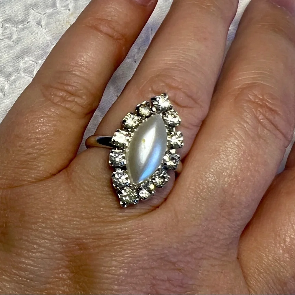 Vintage Sarah Coventry Faux Pearl and Rhinestones Adjustable Band Ring